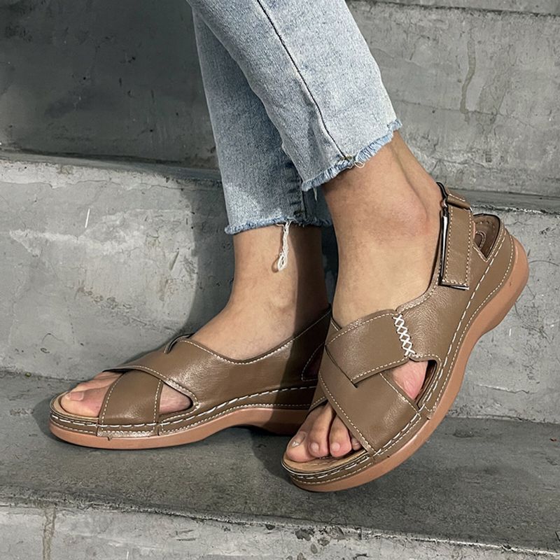 Plus Size Women Casual Comfy Hook Loop Summer Vacation Handmade Stitching Wedges Sandals