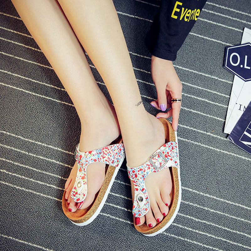 Plus Size Women Casual Soft Sole Tongs Impression Beach Cork Sandals