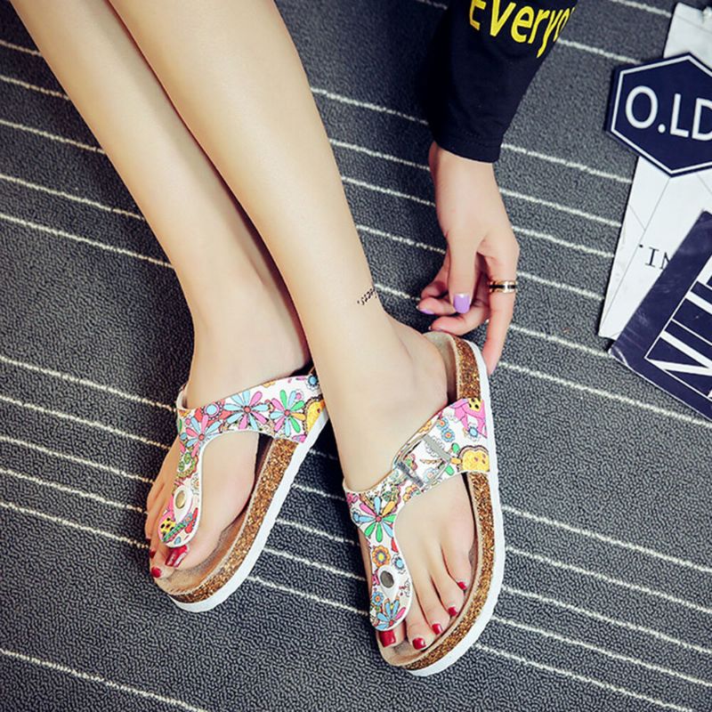 Plus Size Women Casual Soft Sole Tongs Impression Beach Cork Sandals