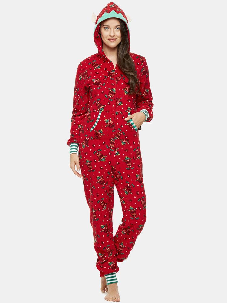 Plus Size Women Christmas Letter Print Zip Front Ear Design Hooded Onesies With Pocket Sleepwear