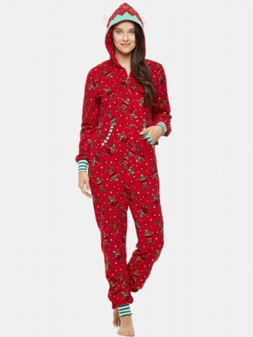 Plus Size Women Christmas Letter Print Zip Front Ear Design Hooded Onesies With Pocket Sleepwear