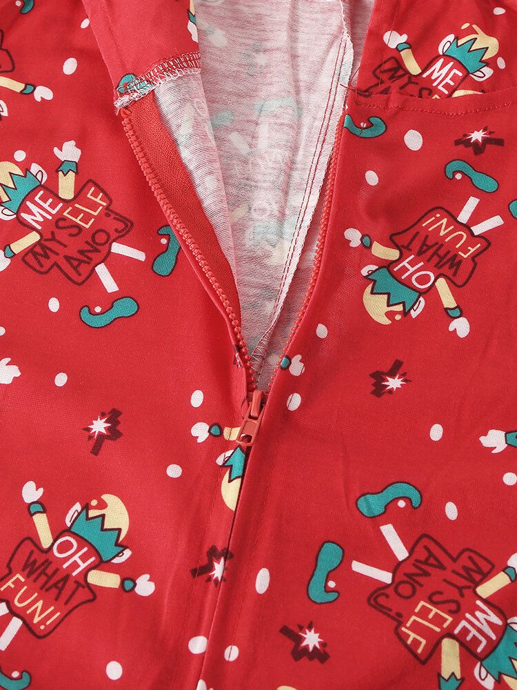 Plus Size Women Christmas Letter Print Zip Front Ear Design Hooded Onesies With Pocket Sleepwear