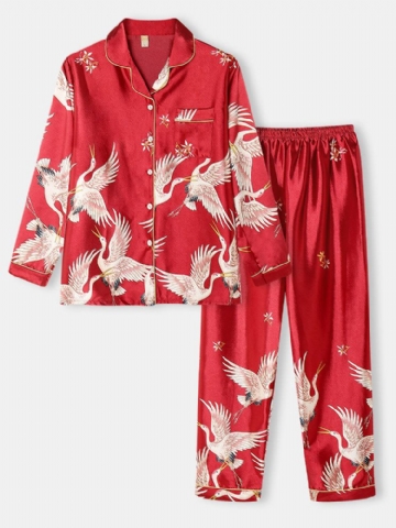 Plus Size Women Crane Pattern Revere Collar Ice Silk Home Casual Pyjama Sets