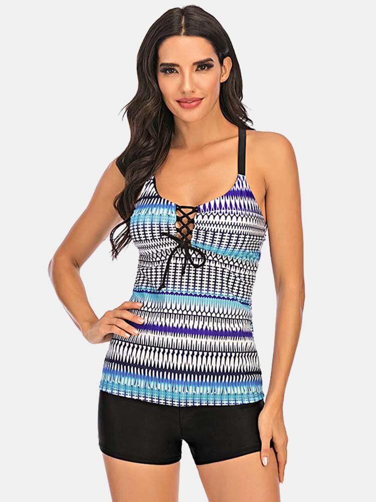 Plus Size Women Ethnic Print Front Bandage Criss-cross Tankini Cover Belly Beachwear