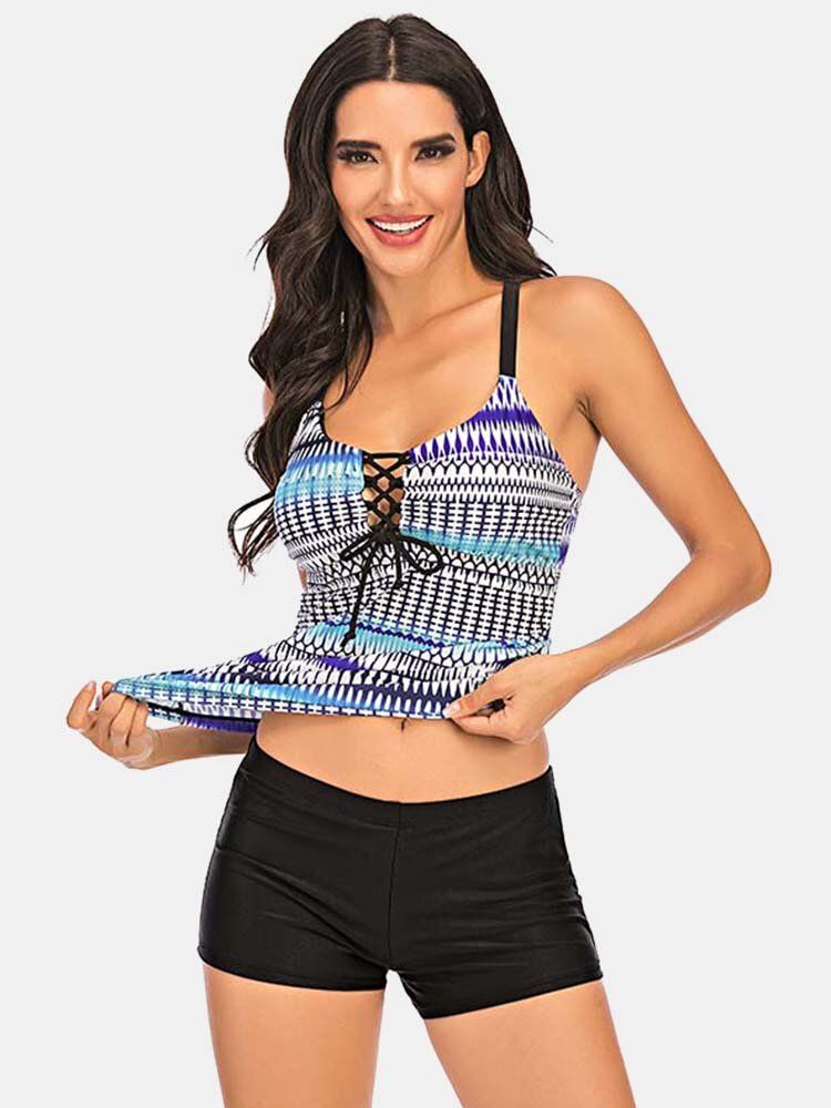 Plus Size Women Ethnic Print Front Bandage Criss-cross Tankini Cover Belly Beachwear