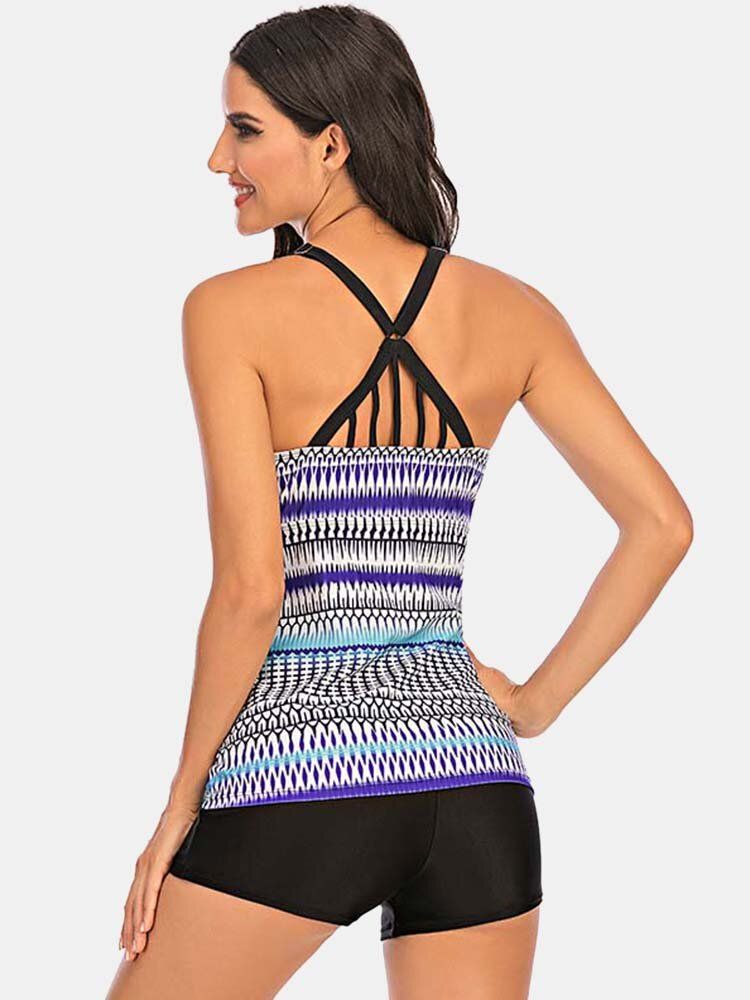 Plus Size Women Ethnic Print Front Bandage Criss-cross Tankini Cover Belly Beachwear