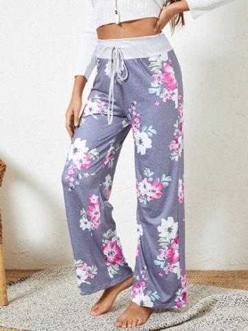 Plus Size Women Floral Printing Drawstring Waist Loose Casual Home Pyjamas Pants