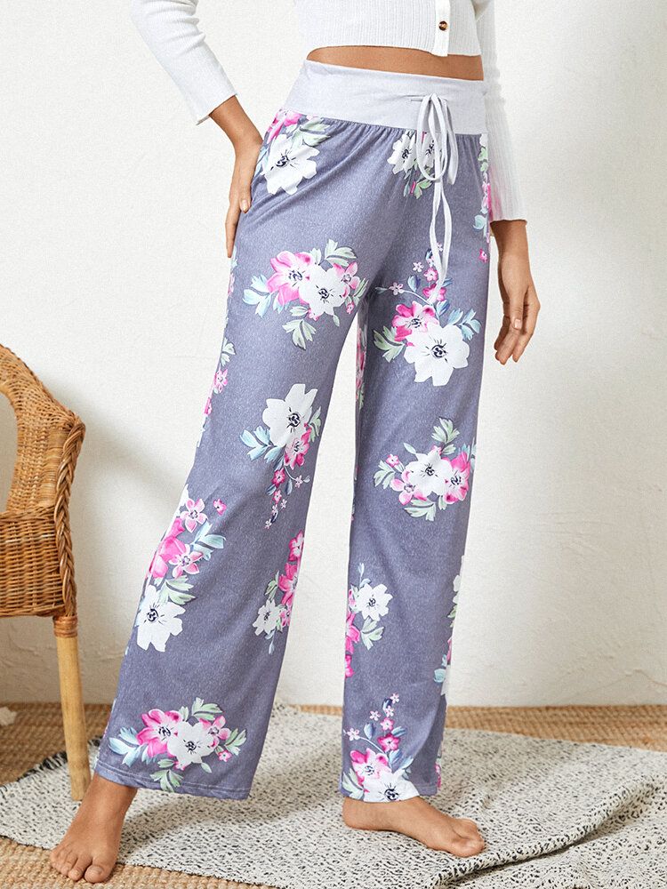 Plus Size Women Floral Printing Drawstring Waist Loose Casual Home Pyjamas Pants