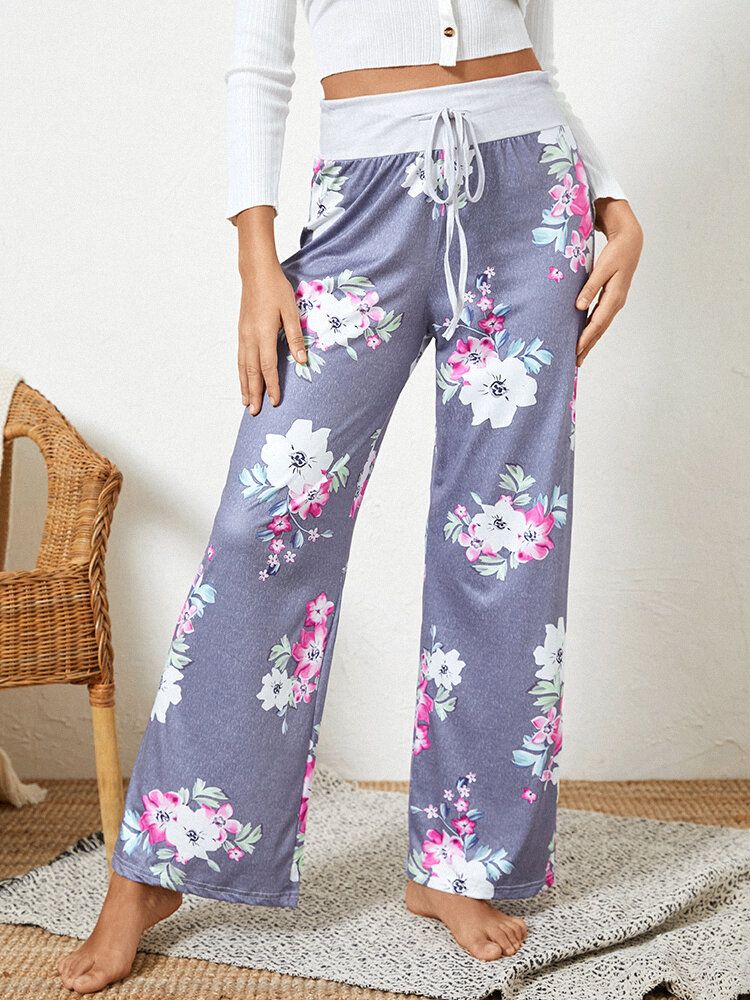 Plus Size Women Floral Printing Drawstring Waist Loose Casual Home Pyjamas Pants