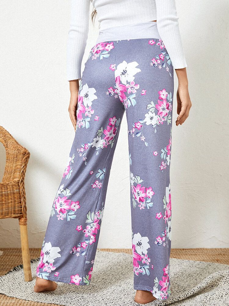 Plus Size Women Floral Printing Drawstring Waist Loose Casual Home Pyjamas Pants