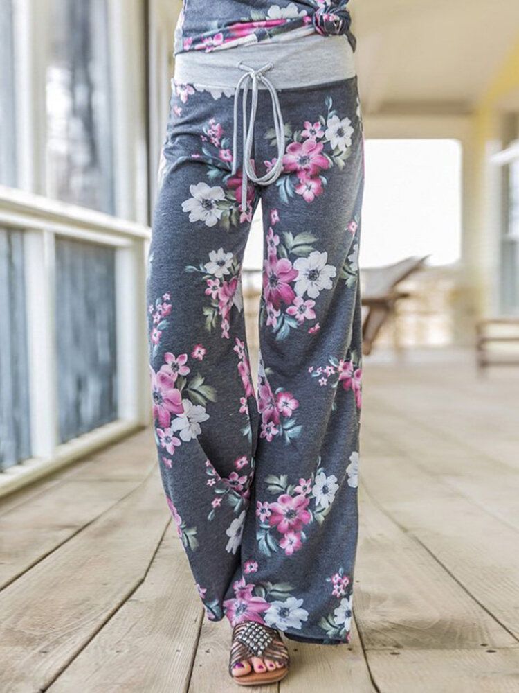 Plus Size Women Floral Printing Drawstring Waist Loose Casual Home Pyjamas Pants