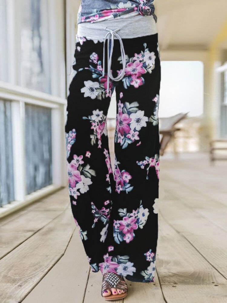 Plus Size Women Floral Printing Drawstring Waist Loose Casual Home Pyjamas Pants