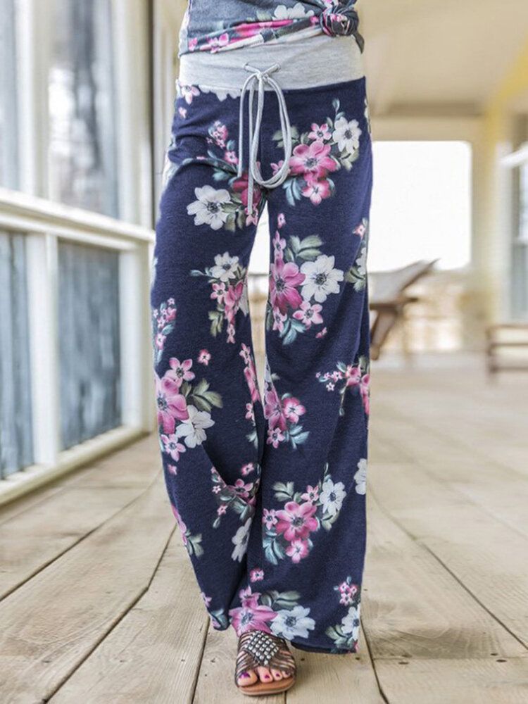 Plus Size Women Floral Printing Drawstring Waist Loose Casual Home Pyjamas Pants