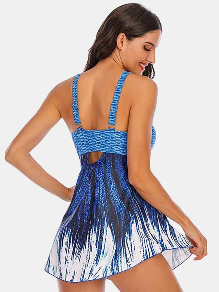 Plus Size Women Ombre Wave Print Backless Cover Belly Swimdress Beachwear