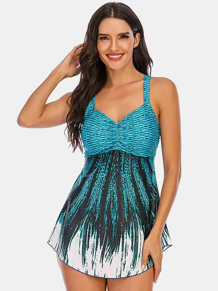 Plus Size Women Ombre Wave Print Backless Cover Belly Swimdress Beachwear