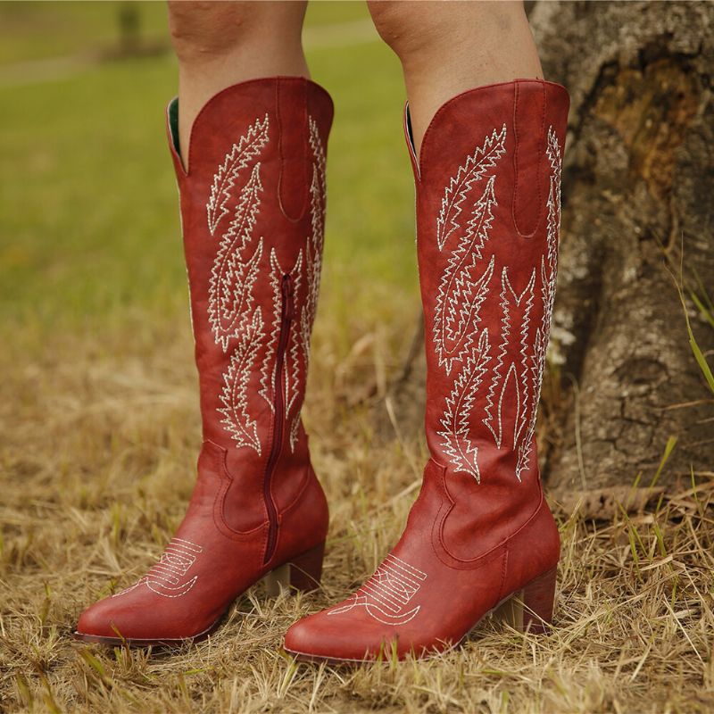 Plus Size Women Retro Red Toe Pointed Brodé Chunky Heel Zipper Cowboy Boots