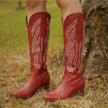 Plus Size Women Retro Red Toe Pointed Brodé Chunky Heel Zipper Cowboy Boots