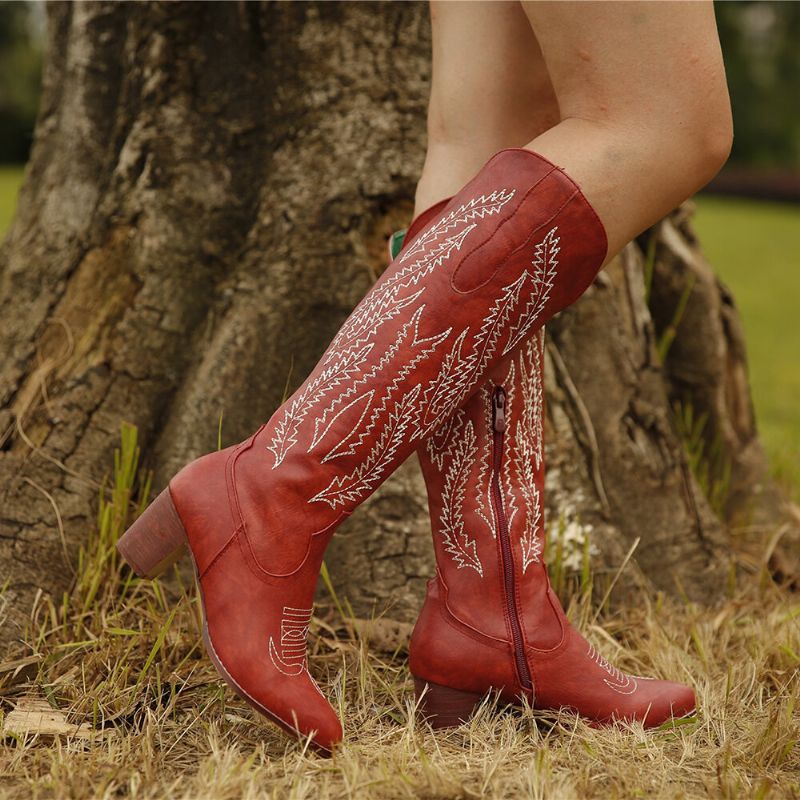 Plus Size Women Retro Red Toe Pointed Brodé Chunky Heel Zipper Cowboy Boots