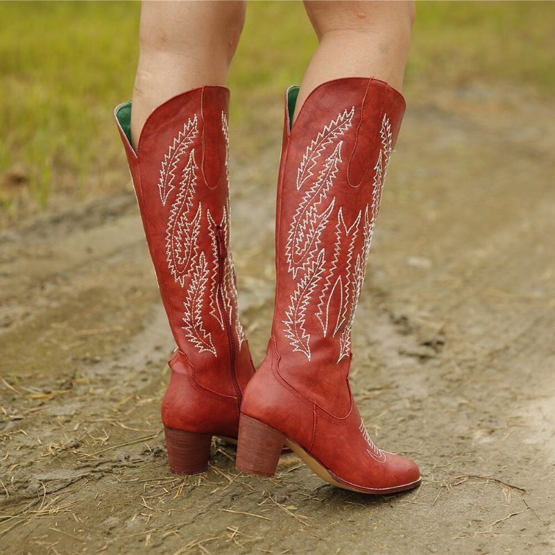 Plus Size Women Retro Red Toe Pointed Brodé Chunky Heel Zipper Cowboy Boots