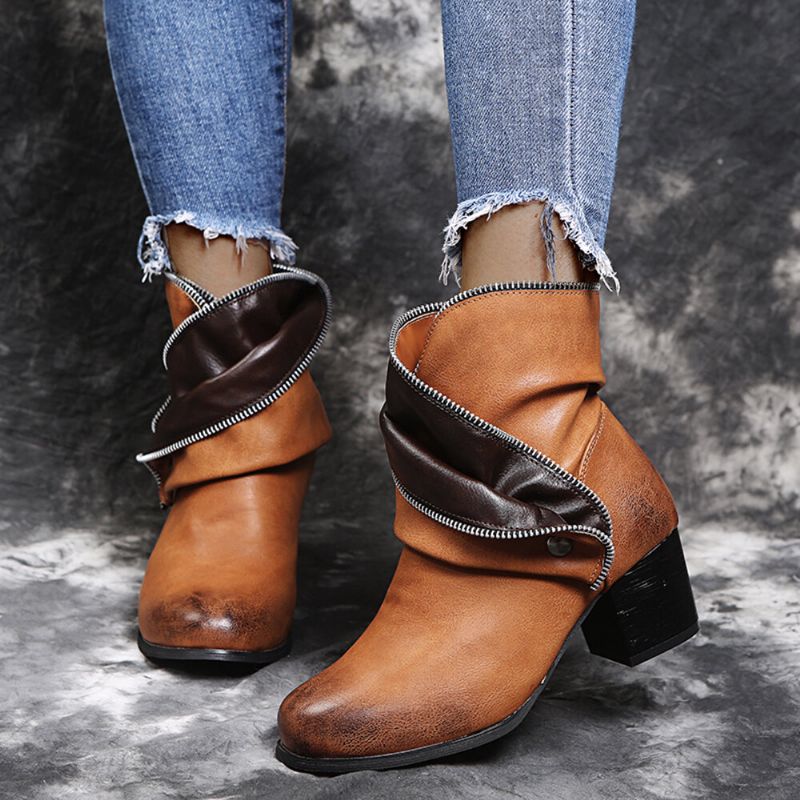 Plus Size Women Retro Zipper Decor Buckle Chunky Heel Short Boots