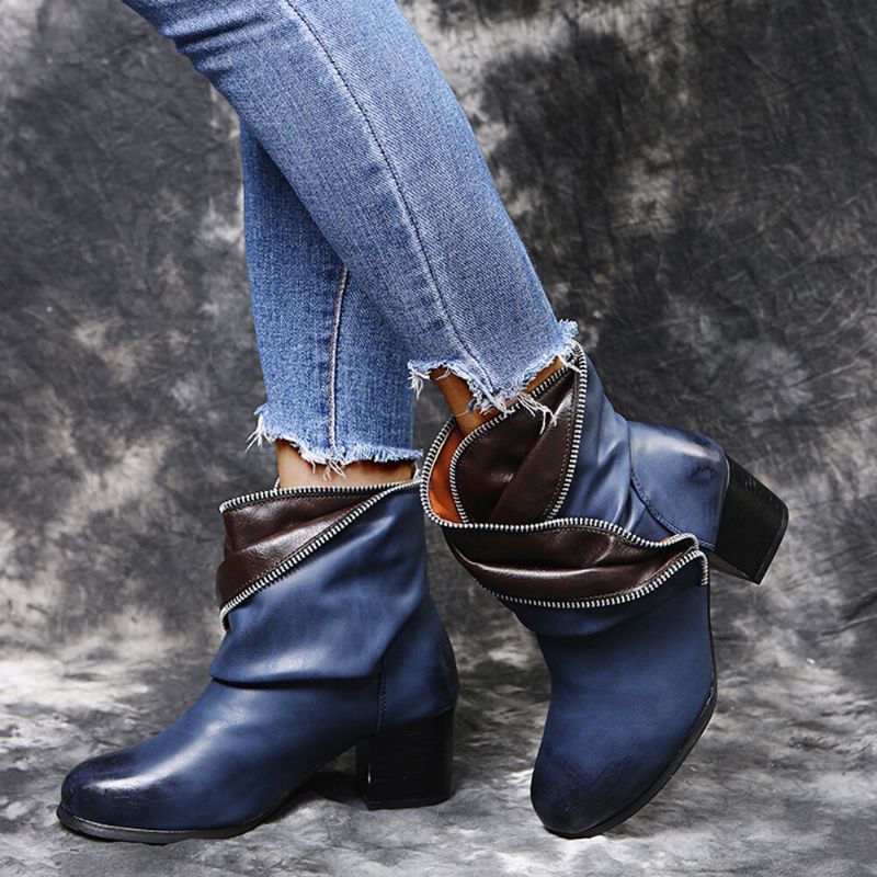 Plus Size Women Retro Zipper Decor Buckle Chunky Heel Short Boots