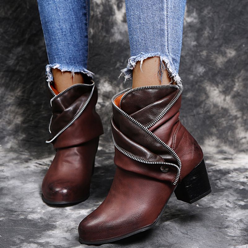 Plus Size Women Retro Zipper Decor Buckle Chunky Heel Short Boots