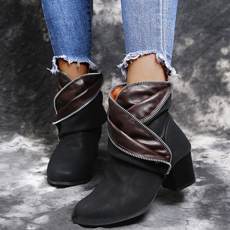 Plus Size Women Retro Zipper Decor Buckle Chunky Heel Short Boots