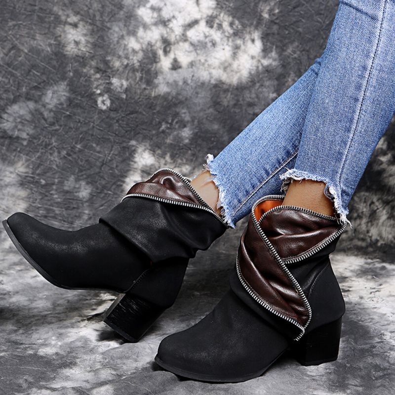 Plus Size Women Retro Zipper Decor Buckle Chunky Heel Short Boots