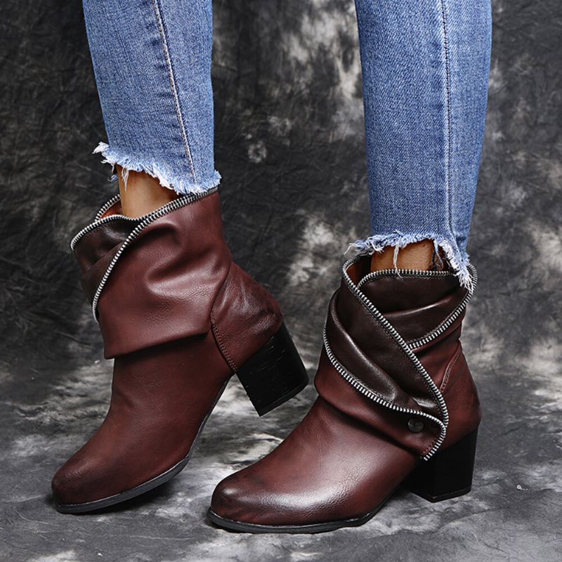 Plus Size Women Retro Zipper Decor Buckle Chunky Heel Short Boots