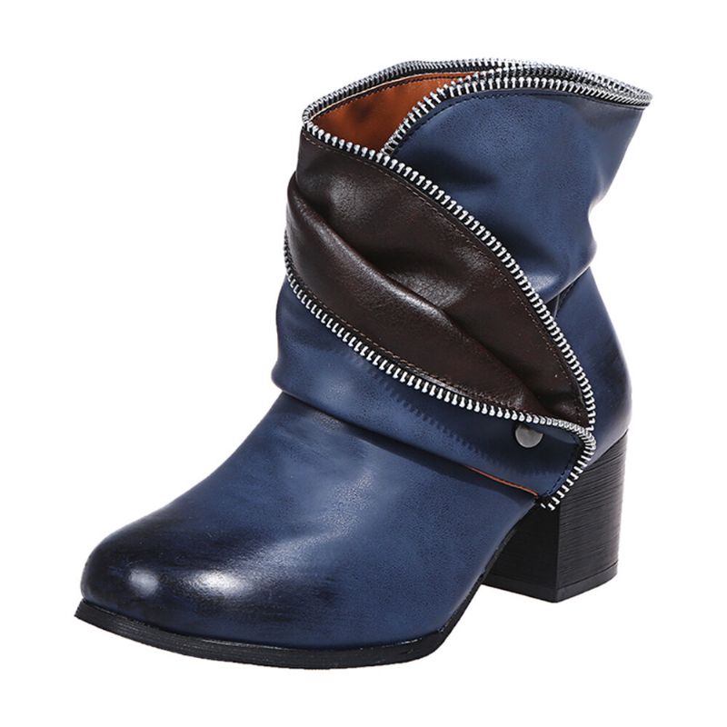 Plus Size Women Retro Zipper Decor Buckle Chunky Heel Short Boots