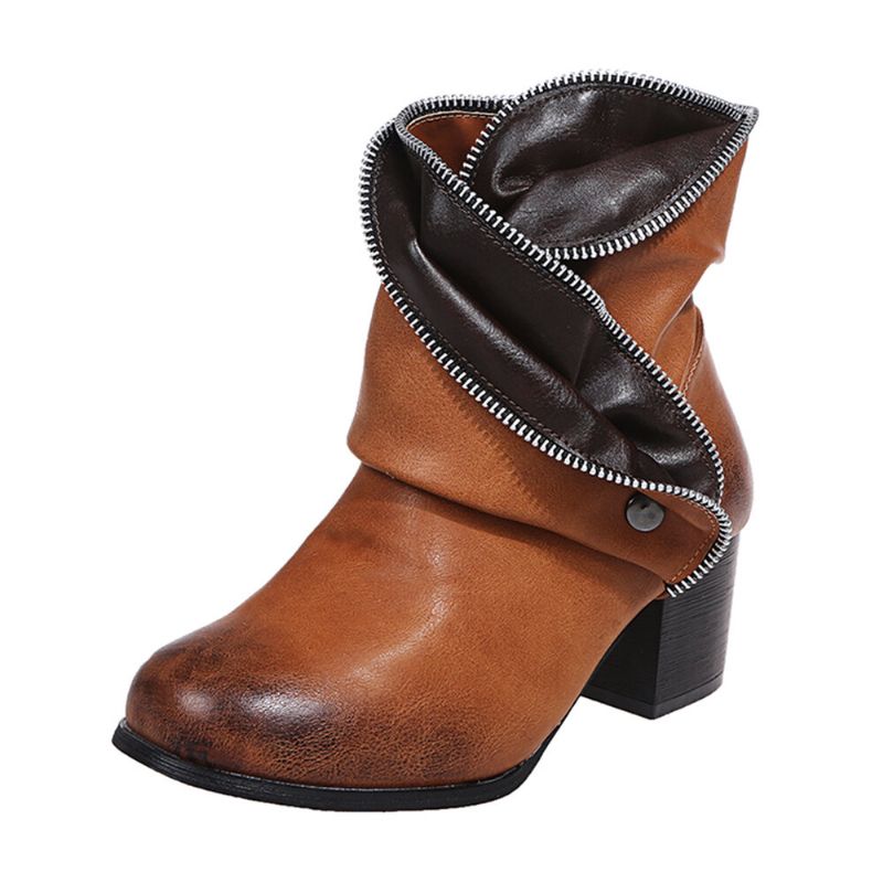 Plus Size Women Retro Zipper Decor Buckle Chunky Heel Short Boots