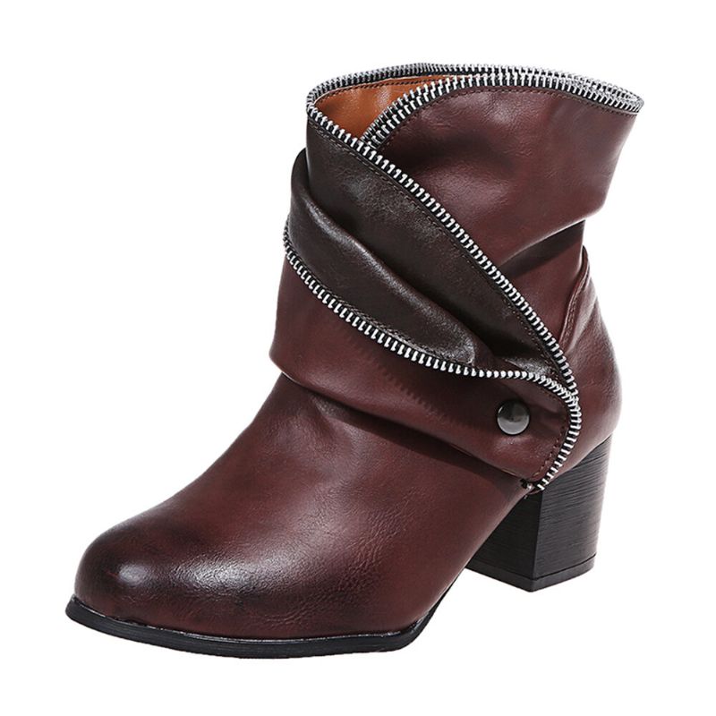 Plus Size Women Retro Zipper Decor Buckle Chunky Heel Short Boots