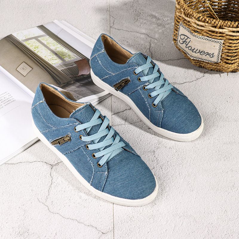 Plus Size Women Retro Zipper Decor Canvas Lace Up Flat Casual Shoes