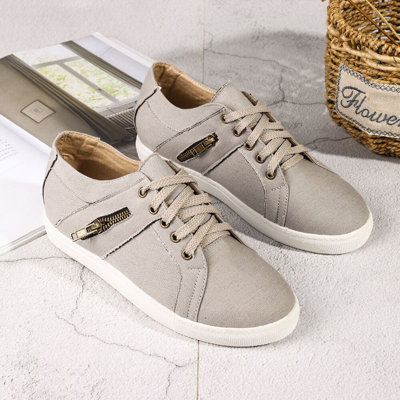 Plus Size Women Retro Zipper Decor Canvas Lace Up Flat Casual Shoes