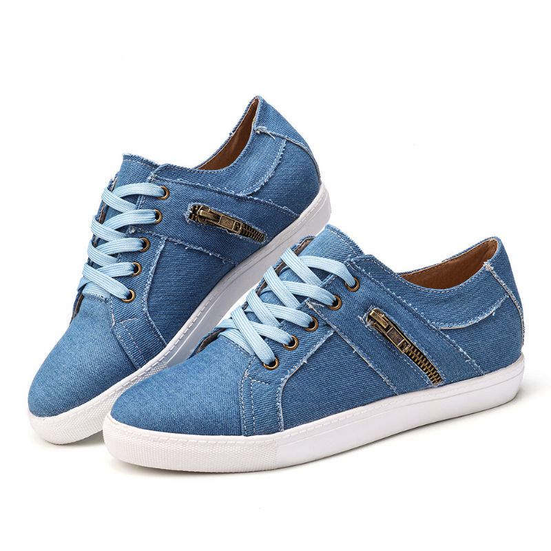 Plus Size Women Retro Zipper Decor Canvas Lace Up Flat Casual Shoes