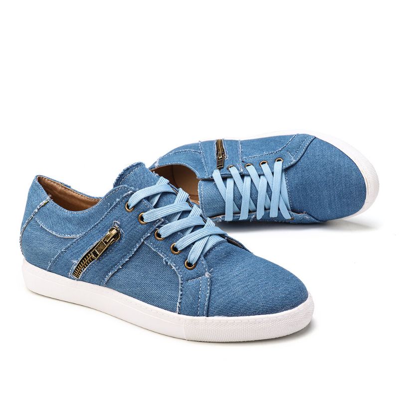 Plus Size Women Retro Zipper Decor Canvas Lace Up Flat Casual Shoes