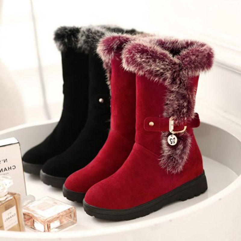 Plus Size Women Winter Doublure En Peluche Boucle Décor Bottes De Neige À Talon Augmenté