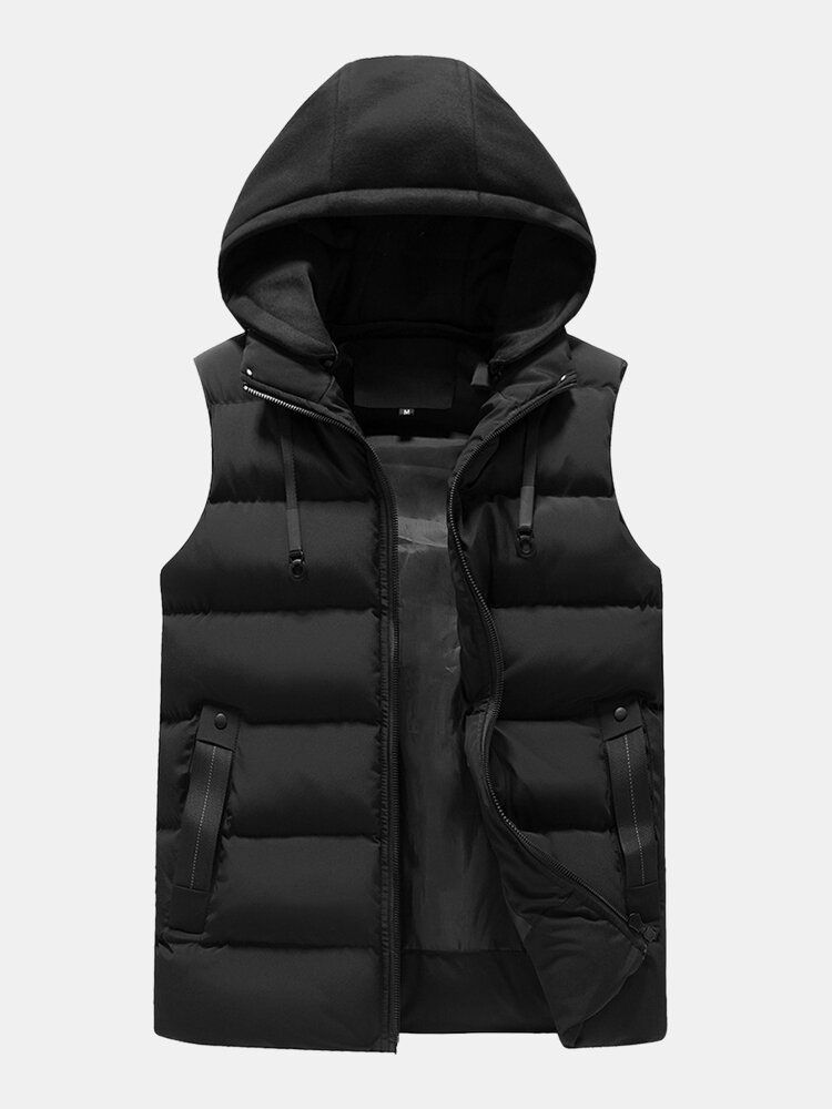 Poche Latérale Zippée Pour Homme Coupe-vent Amovible À Capuche Chaude Sans Manches Doudoune Gilet