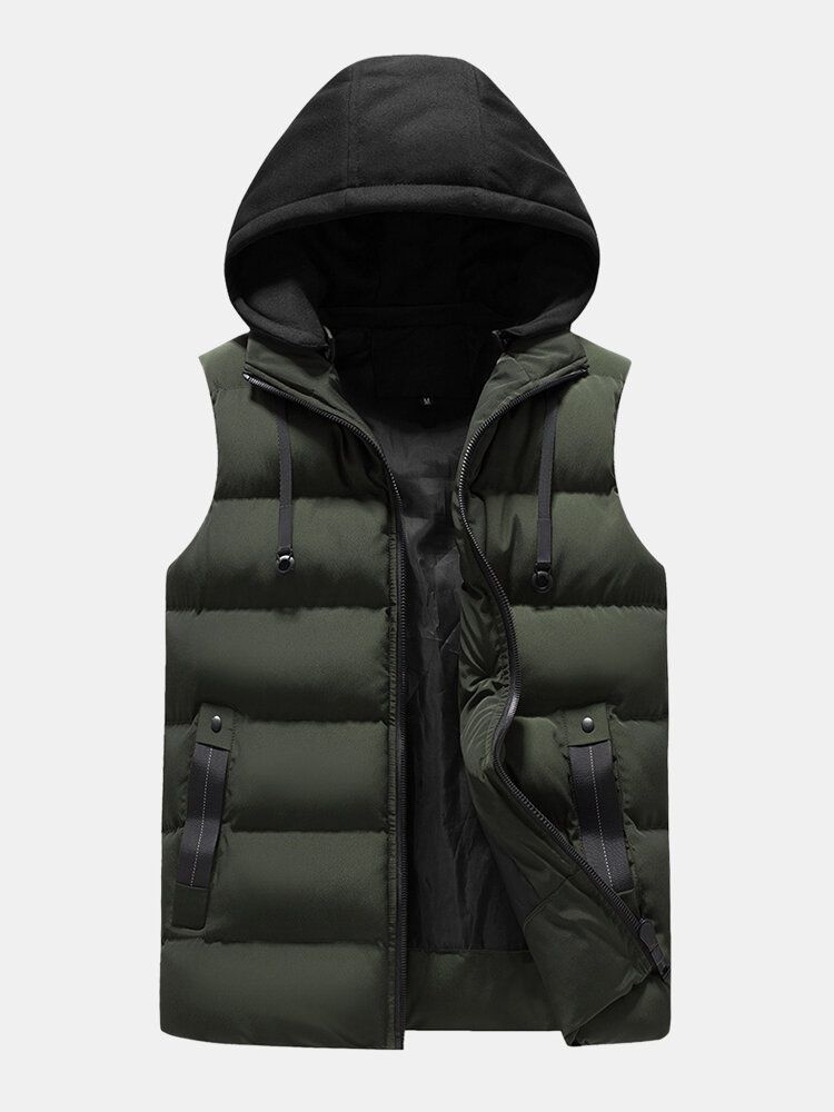 Poche Latérale Zippée Pour Homme Coupe-vent Amovible À Capuche Chaude Sans Manches Doudoune Gilet