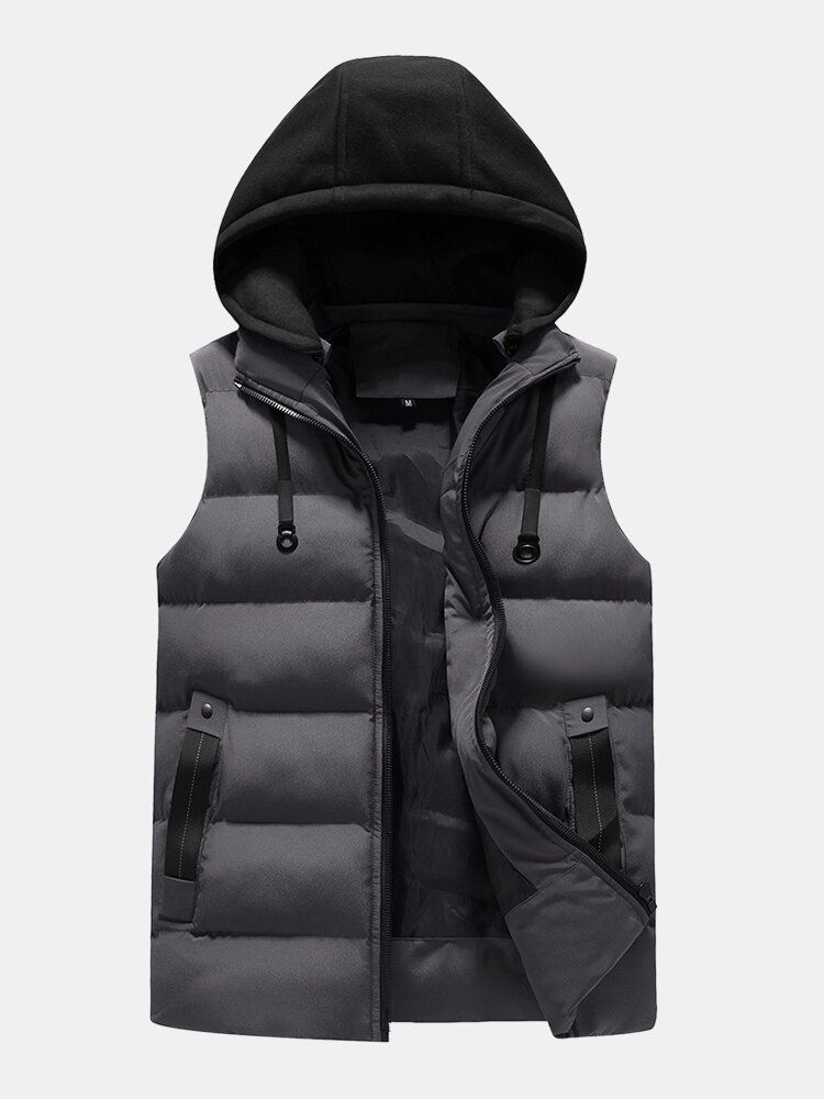 Poche Latérale Zippée Pour Homme Coupe-vent Amovible À Capuche Chaude Sans Manches Doudoune Gilet