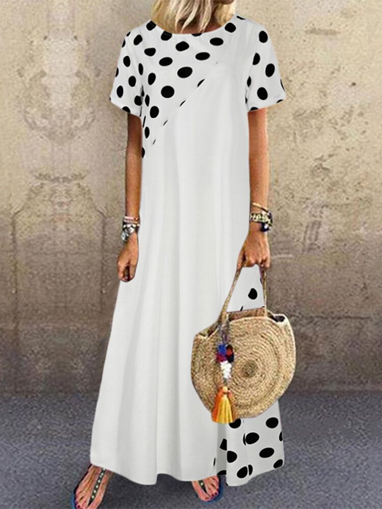 Polka Dot Print Patchwork Short Sleeve Holiday Bohemia Maxi Dress For Women