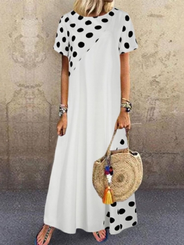 Polka Dot Print Patchwork Short Sleeve Holiday Bohemia Maxi Dress For Women