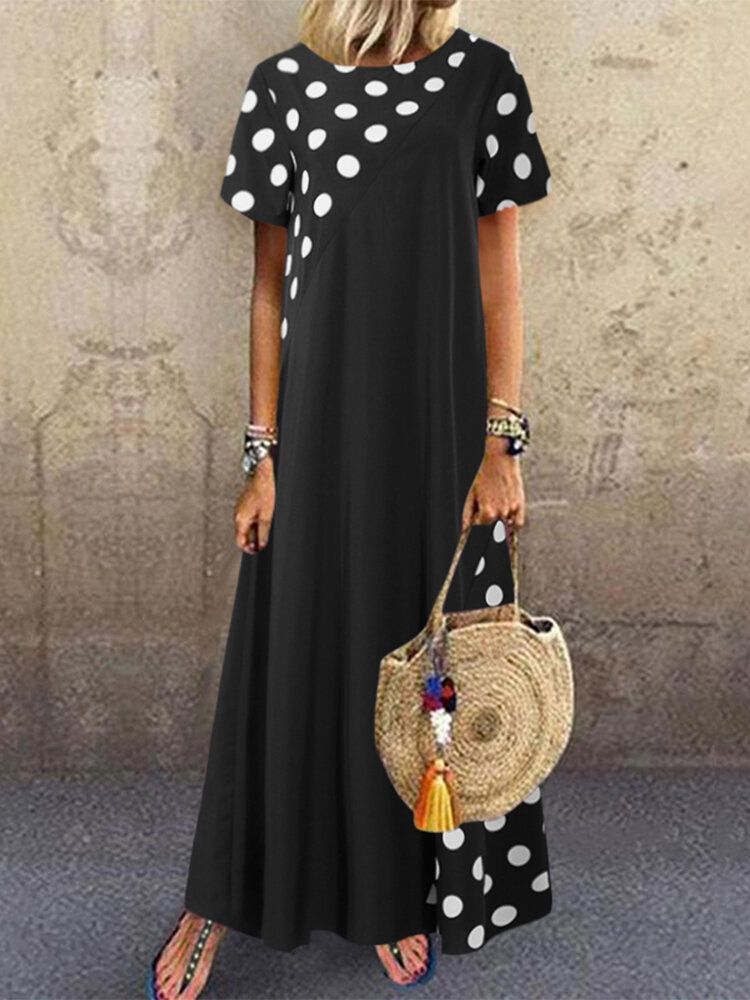 Polka Dot Print Patchwork Short Sleeve Holiday Bohemia Maxi Dress For Women