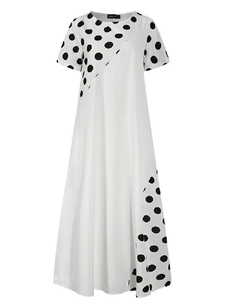 Polka Dot Print Patchwork Short Sleeve Holiday Bohemia Maxi Dress For Women