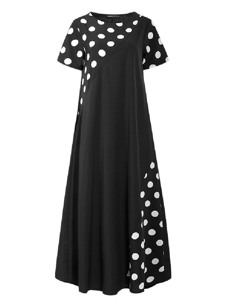 Polka Dot Print Patchwork Short Sleeve Holiday Bohemia Maxi Dress For Women