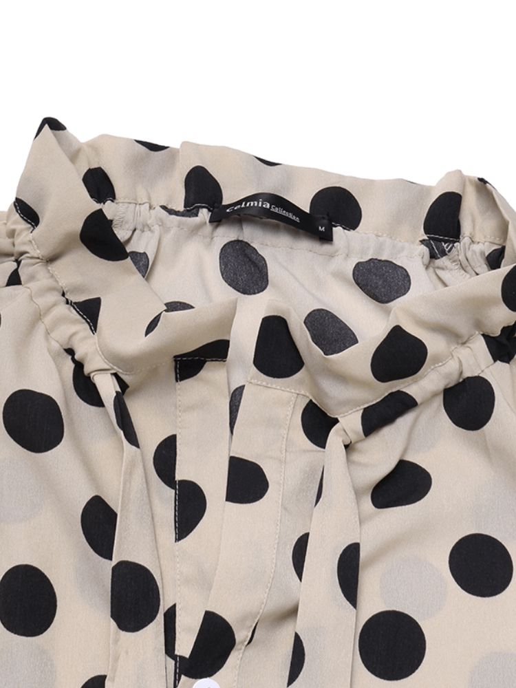 Polka Dots Impression Lanterne Manches Décolleté Noeud Papillon Chemisier Décontracté Pour Femmes