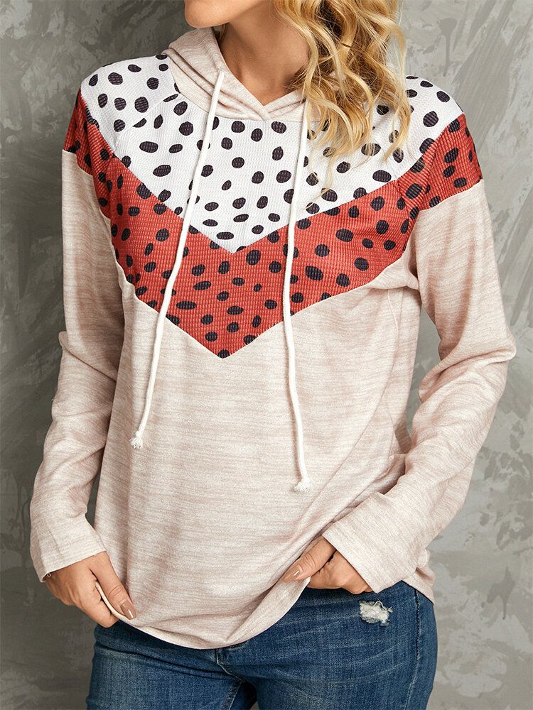 Polkadot Imprimé Patchwork Décontracté Cordon Manches Longues Col Rond Hoodies