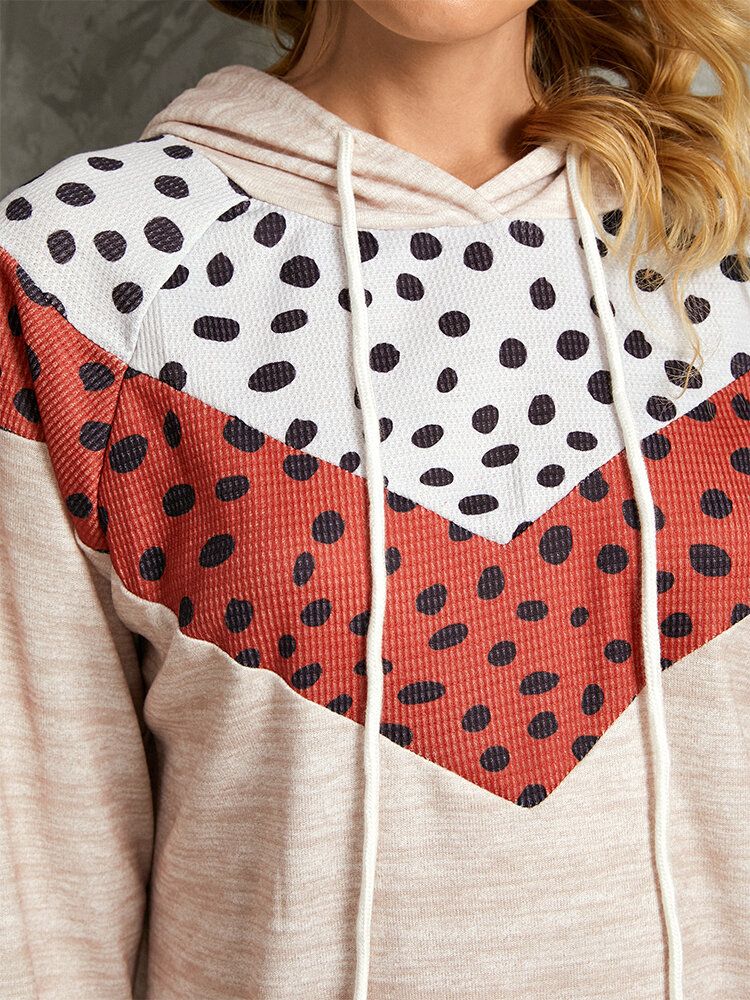 Polkadot Imprimé Patchwork Décontracté Cordon Manches Longues Col Rond Hoodies