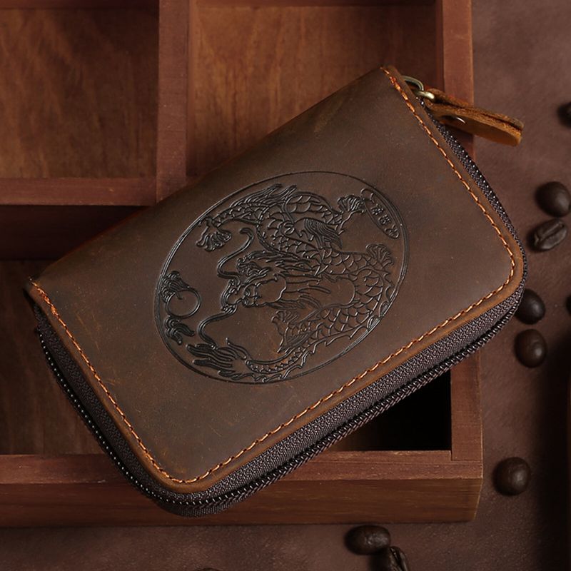 Porte-cartes D'orgue En Cuir Véritable Vintage Dragon Brodé Grande Capacité Portefeuille Rétro Pour Hommes