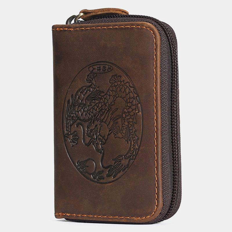 Porte-cartes D'orgue En Cuir Véritable Vintage Dragon Brodé Grande Capacité Portefeuille Rétro Pour Hommes